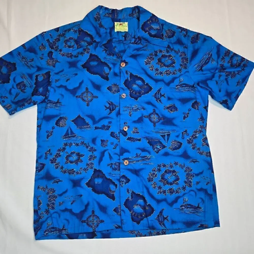 VINTAGE UI-MAIKAI COTTON HAWAIIAN SHIRT BLUE GOLD ISLANDS MENS SIZE MEDIUM